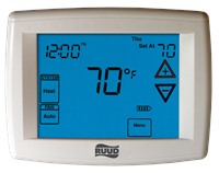 Thermostat with white plastic and a blue screen